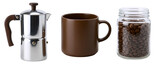 A set for making coffee, including a moka pot, a brown mug, and a jar of roasted coffee beans. This collection represents a classic coffee brewing process for a rich, aromatic beverage.