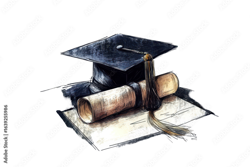 Graduation cap and rolled diploma on a table as a symbol of academic ...