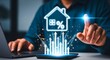 © InfinityVisuals - Real Estate Growth Concept: A visionary individual navigates the digital landscape, interacting with a holographic representation of a house, interwoven with percentage symbols.