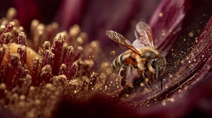 Wall Mural - A close-up of a bee pollinating a flower, covered in golden pollen with blurred petals in the background