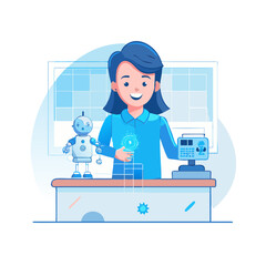 Girl working with a robot and computer isolated on white background