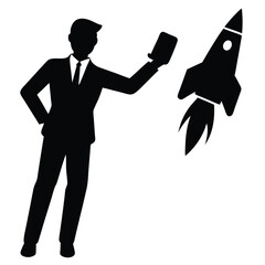 Entrepreneur launching app from mobile device in startup concept