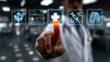 © Avelino - Doctor interacts with futuristic digital panel displaying health and advanced technology icons in hospital Generated with AI