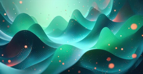 Abstract waves, vibrant teal hues, glowing particles create dynamic landscape. Soft gradients, smooth curves define flowing forms.