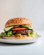 © sukarman - Close-Up Juicy Grilled Beef Burger with Lettuce, Tomato, and Pickles – Sesame Bun on White Plate with Minimal Background