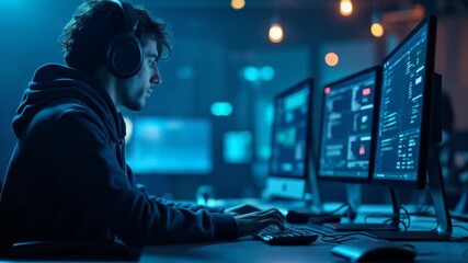 Focused programmer immersed in coding, bathed in the blue light of multiple screens