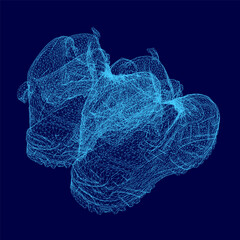 Poster - Blue wireframe boots with intricate lines and geometric shapes on a dark blue background. The design showcases a modern and futuristic aesthetic with detailed contours.