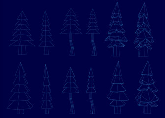 Poster - A set of low-poly wireframe Christmas trees in various shapes and sizes stands against a blue background. The symmetrical arrangement creates a balanced and visually appealing composition.