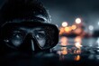 © DIMENSIONS - Daring nighttime underwater exploration with focused scuba diver in dark waters illuminated by bokeh lights