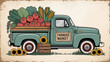 © Aqvarelka - Vintage farmers market truck with fresh vegetables and sunflowers illustration