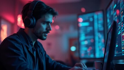 Focused developer working on data analysis with multiple monitors setup