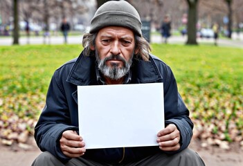 Portrait of a homeless man with a blank sign in a park with copy space