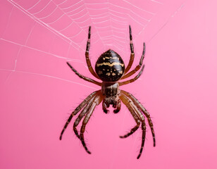 A spider with a web on a pink background. A natural wallpaper.