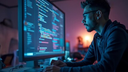 Dedicated programmer working late, writing complex code on a large display screen