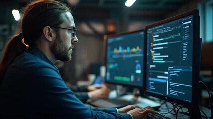 Focused coder diligently writing code with multiple monitors in a modern office
