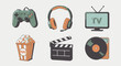 © Muhammad - Illustration showing a game controller headphones television popcorn clapperboard and a vinyl record player