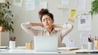 © nialyz - Woman with Neck Pain at Desk Struggling with Work Stress