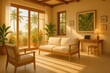 © MDNANNU - Bright and airy living room with tropical view, featuring comfortable seating and a wooden desk with a laptop.