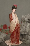 Elegant woman in traditional attire surrounded by floral elements Chinese word means flowers.