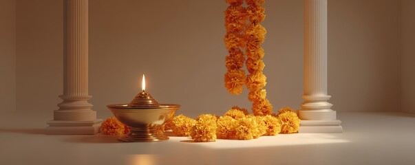 Wall Mural - Golden Diya and Marigold Garland with Pillars