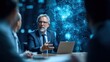 © hack - A business meeting in a modern setting, featuring a speaker engaged in discussion with digital data visuals in the background.