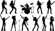 © Adeel - Silhouette illustration of a rock band performing on stage with musicians and musical instruments such as drums | editable eps vectors