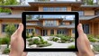 © Rashid - Hand holding tablet displaying modern wooden house exterior and manicured garden