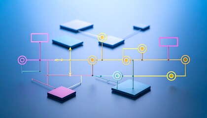 Abstract flowchart with colorful arrows and 3D nodes on blue background