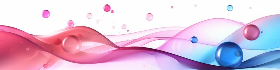 Poster - Abstract flowing waves of pink, purple, and blue hues with transparent bubbles create a smooth, dynamic visual effect on a white background.