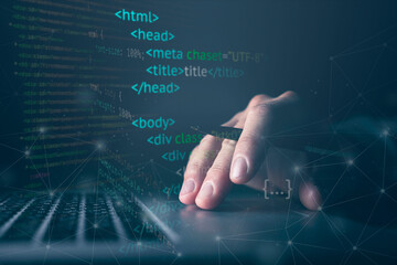 close-up of hands coding on laptop, dark teal aesthetic, digital network overlay, serious mood, soft