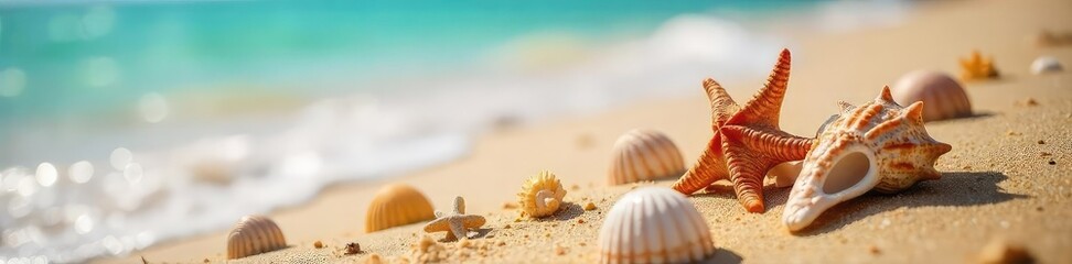 Wall Mural - Sun-drenched seashells scattered on warm sand, gentle waves lapping the shore, a quintessential summer beach scene Perfect for travel, vacation, or summer themed projects , travel, sky