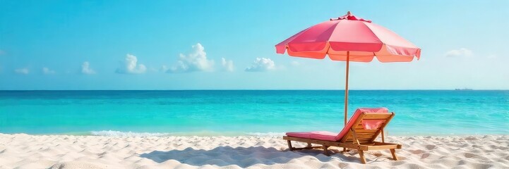 Wall Mural - Relaxing beach scene with a vibrant umbrella providing shade over a comfortable beach chair, perfect for a sunny day at the seaside , bright, resort, water