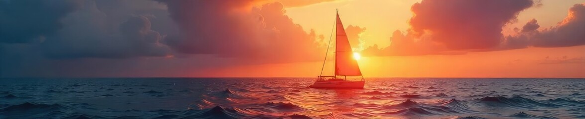 Wall Mural - a lone sailboat at sunset, gently rocking on the waves, evokes a feeling of serene melancholy and wi
