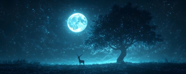 Wall Mural - deer standing beneath a luminous moon in a serene night landscape