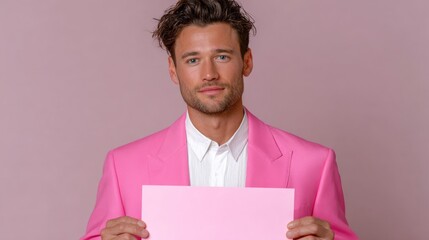 Poster - Man in a pink suit holding a pink sign. The man is smiling