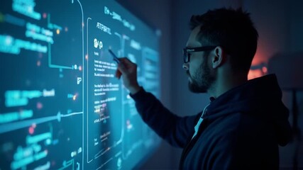Futuristic coding environment, programmer analyzes digital interface on screen