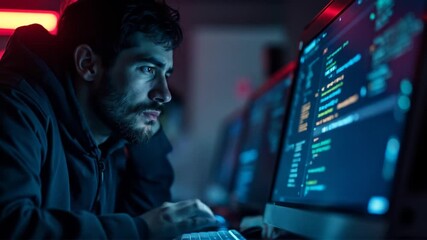 Intense focus coder immersed in programming code on a glowing display screen