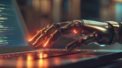 Robotic hand coding on laptop.
