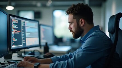 Focused programmer coding complex software with multiple monitors in modern office