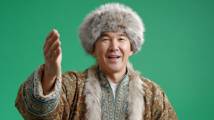 a smiling man in traditional clothing with a fur hat, greeting warmly against a green background, re