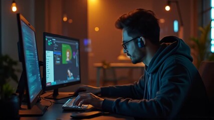 Focused programmer coding in dim lighting on dual monitors at home workspace