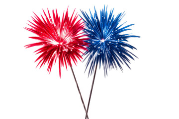Wall Mural - Two dazzling fireworks burst in red and blue with star sparkles