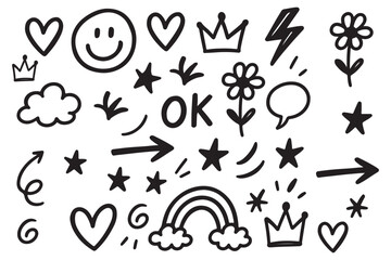 Wall Mural - smile brush hand drawn vector element set. emoji fun face, heart, crown symbol crayon texture marker