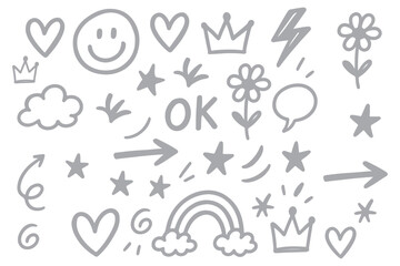 Wall Mural - smile brush hand drawn vector element set. emoji fun face, heart, crown symbol crayon texture marker