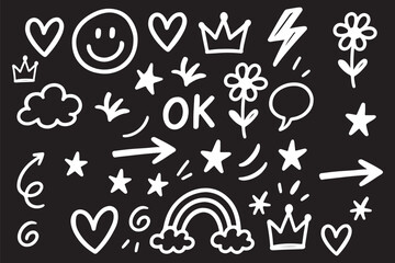 Wall Mural - smile brush hand drawn vector element set. emoji fun face, heart, crown symbol crayon texture marker
