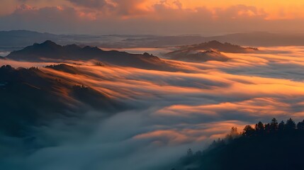 Wall Mural - gentle flowing fog catching silver and warm orange tones in dim light
