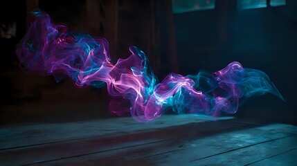 Wall Mural - gentle smoke drifting in swirls, highlighted by fuchsia and aqua beams over a shadowed floor