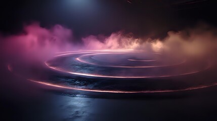 Wall Mural - gentle fog curling in spiral waves, reflecting pink and amber hues on a dark floor with subtle light