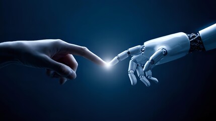Wall Mural - human finger gently touches a silver robot finger against a deep navy background, symbolizing ai and