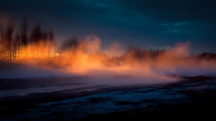 Wall Mural - thick swirling mist with high contrast lighting in orange and blue over blackened ground